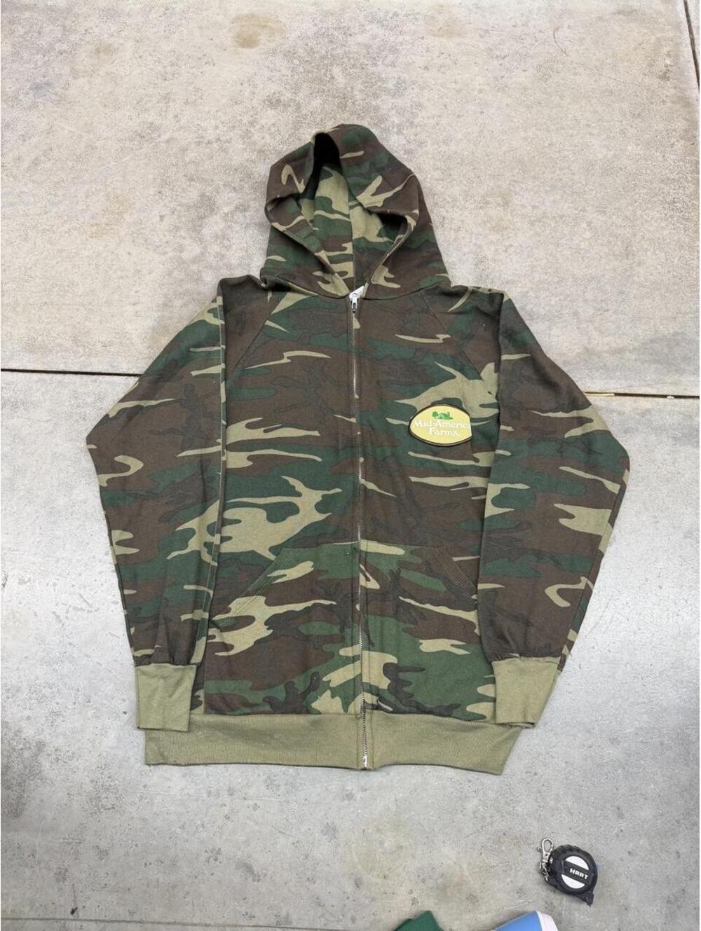 vintage woodland camo made in usa mid america farms zip up hoodie size large